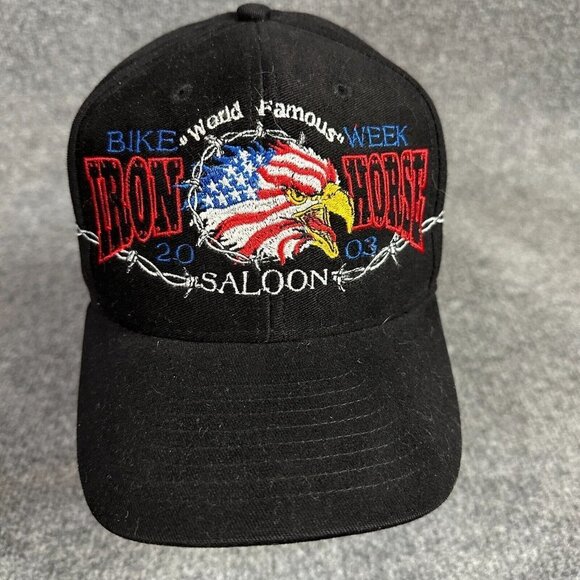 Iron Horse Saloon Hat Black Strapback Embroidered Eagle Bike Week 2002 Vintage - Picture 1 of 4